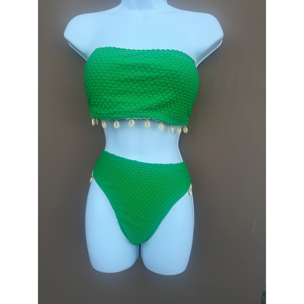 Zaful Green Smocked Cowrie Shell Bandeau Bikini Set High Cut Swimsuit NWT L 8-10